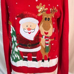 Women Karen Scott Red Christmas Sweater Santa Reindeer Sequin Size Large Holiday